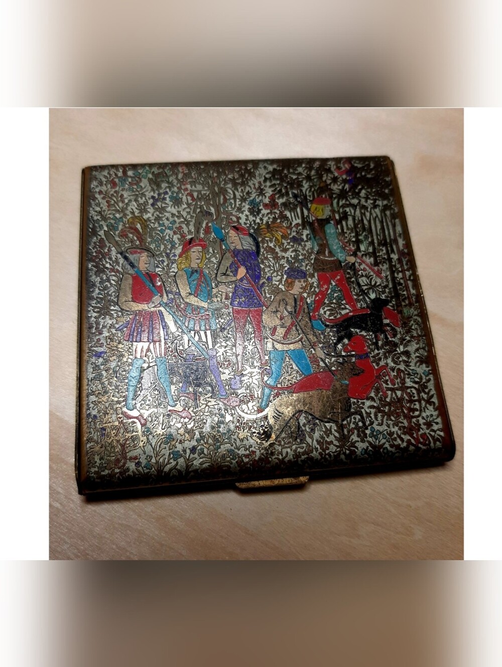 Rare Vintage Volupte Enameled Metal Compact with Medieval Hunting Scene -